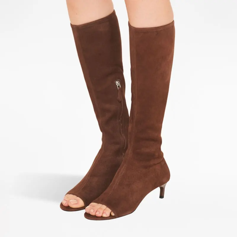 

Low Heels Suede Women Summer Knee High Boots Peep Toe Short Heeled Side Zipper Long Booties Custom Shoes