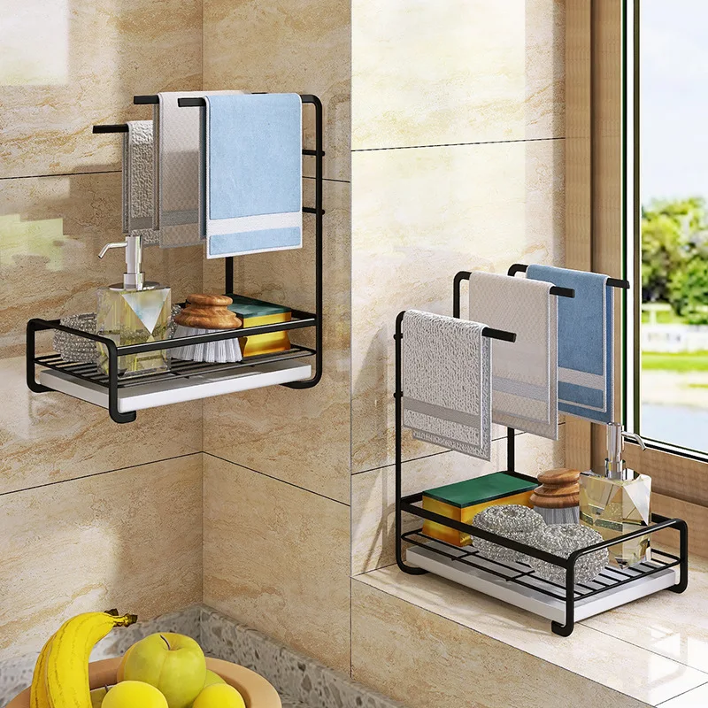 

Punch-free rag rack kitchen sink rack household countertop wall hanging storage towel dishcloth drain shelf