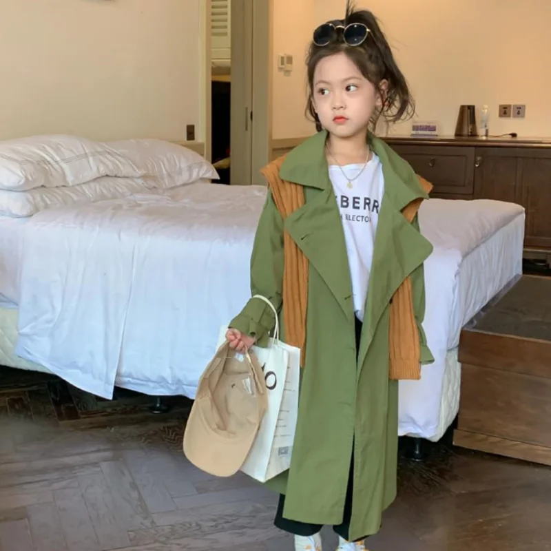 

Girl Spring Autumn New Trench Double Breasted Korea Style Coats Children Belt Loose Tops Kids Windbreaker 2-10Y Outerwear &Coats