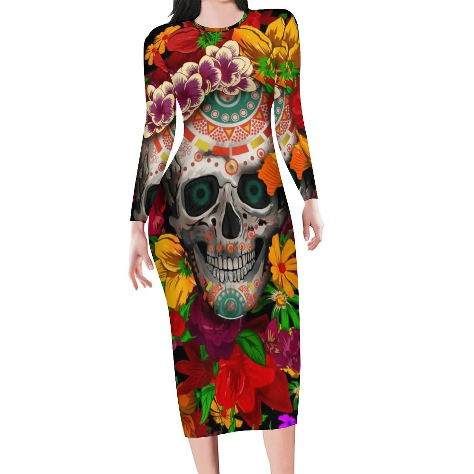 

Женское облегающее платье с длинным рукавом и принтом «День мертвых»