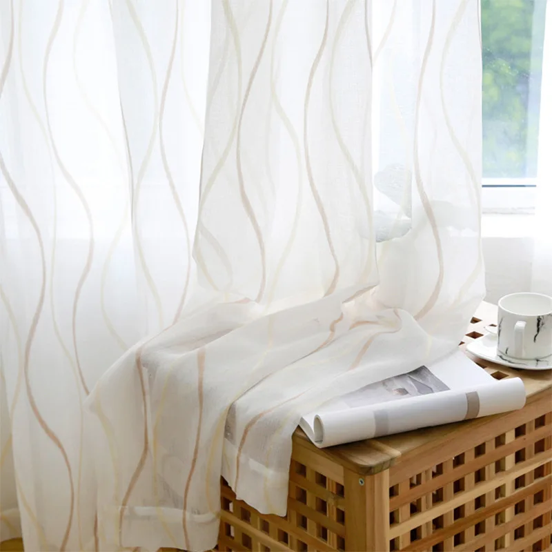 

BILEEHOME Wave Embroidered Tulle Curtains for Bedroom Living Room Modern Stripes Kitchen Window Voile Curtains for Blind Drapes