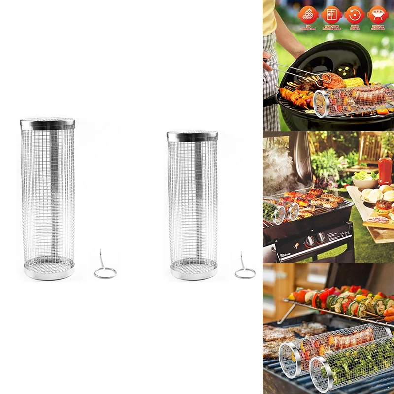 

2Piece BBQ Grill Basket Rolling Grilling Basket Barbeque Grill Portable Grill Baskets A