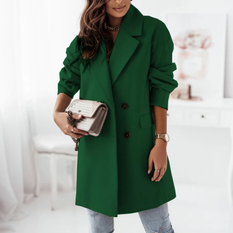 

Elegant Long Sleeve Loose Blazer Jackets 2022 New Autumn Double Breasted Cardigan Fashion Women Notched Collar Long Outcoats