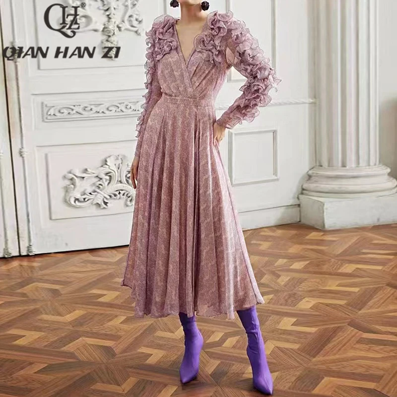 

Женское длинное платье с V-образным вырезом, длинным рукавом и оборками