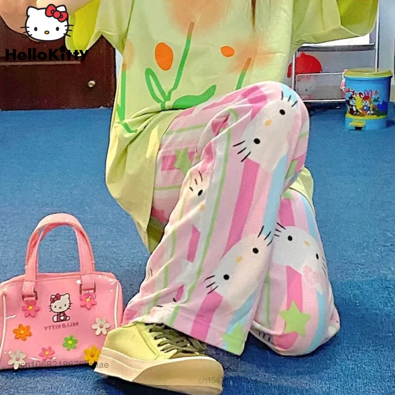 Sanrio Hello Kitty Summer Loose Thin Pants Female Clothing Harajuku Pajama Pants Women Casual Wide Leg Pants Y2k Kawaii Trousers