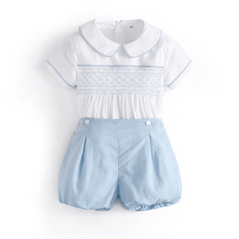 

Kids Boutique Boys Smocked Clothes Set White Smocking Shirt Pillow Collar Pan Blue Cotton Shorts Baby Bithday Baptism Clothes