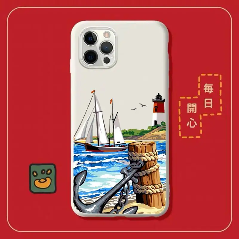 

Hand Painted Lighthouse Print Bird Seagull Phone Case for iPhone 11 12 13 Mini Pro Xs Max 8 7 6 6S Plus X XR Solid Color Case