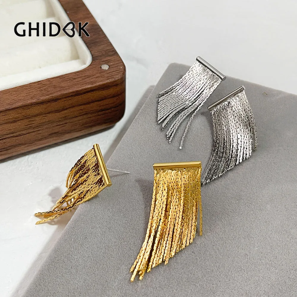 

GHIDBK 14K Gold Plated Thin Chain Long Tassel Earrings for Women Brass Fringe Dangle Earrings Party Statement Gifts for Her