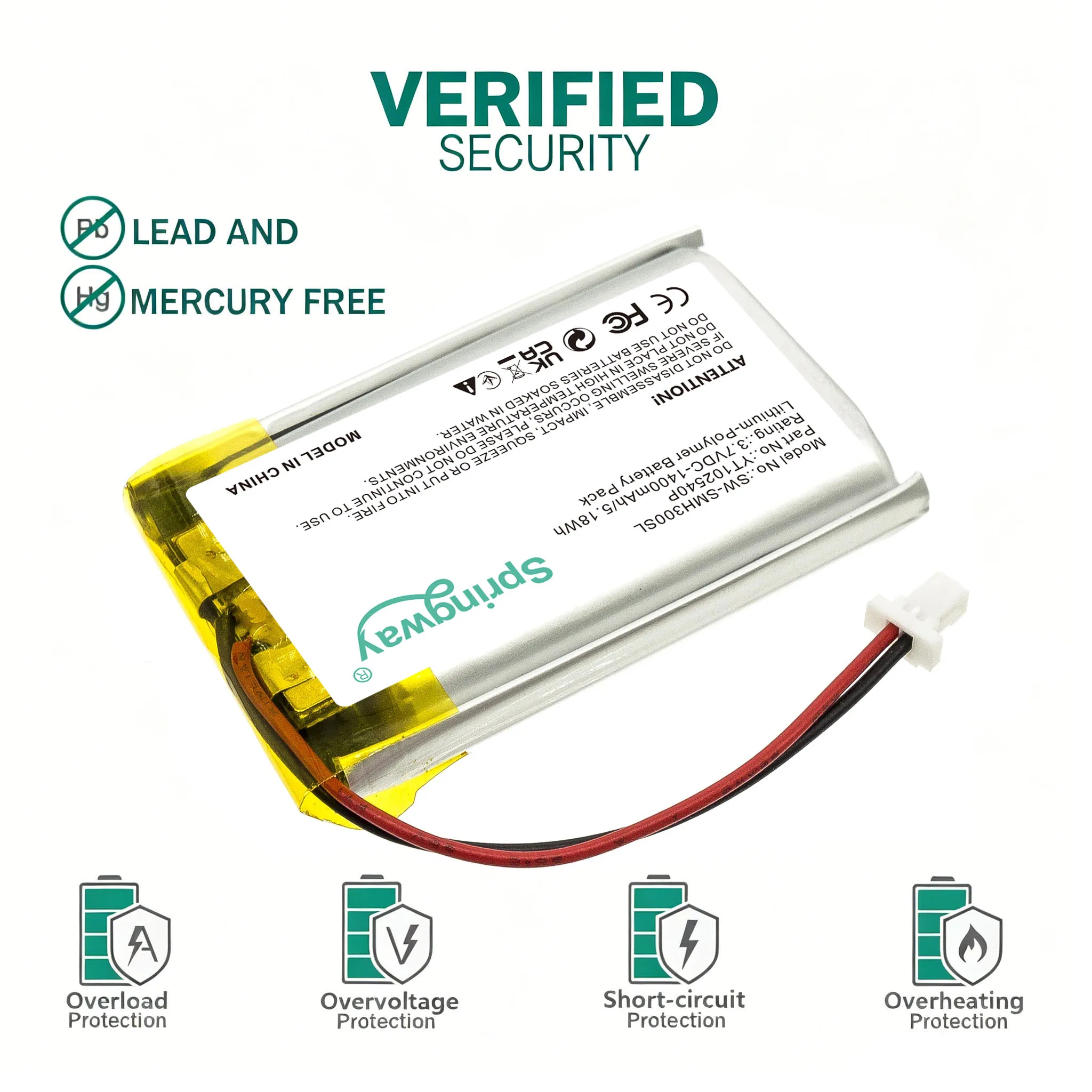 Фото Аккумулятор Li-Po Springway 3.7V 1400mAh YT102540P для замены, совместим с Sena 30K SP46 50S Helmet Intercom SW-SMH300SL №3