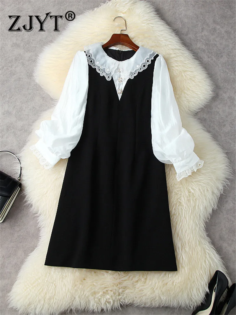 

ZJYT Fashion Spring Lantern Sleeve Embroidery Casual Loose Dress Women White Black Spliced Simple Vestidos Peter Pan Collar