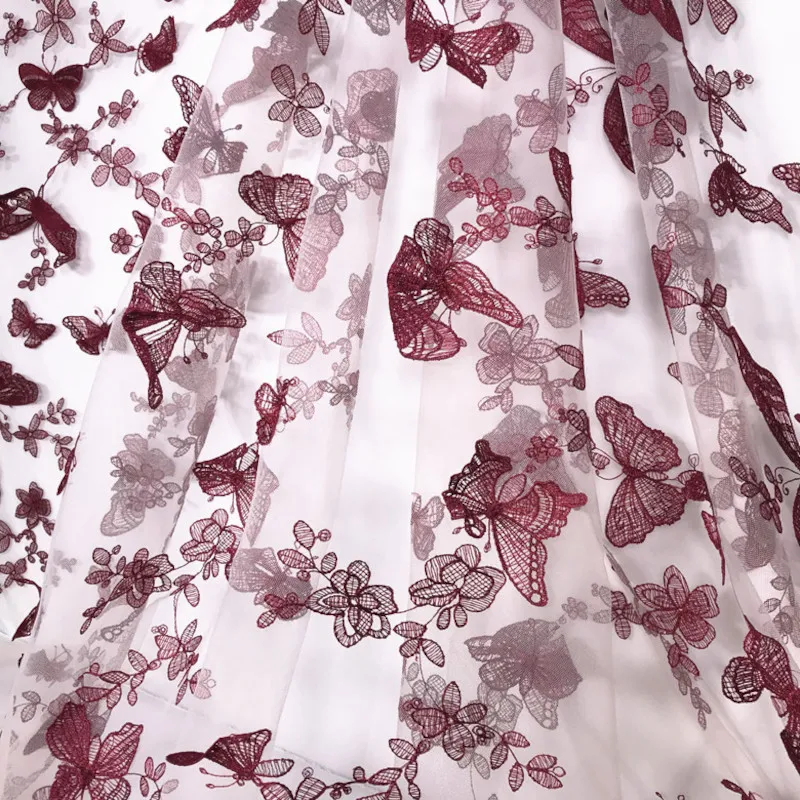 

3D Butterfly Floral Embroidered Lace Fabric Mesh Tulle Fabric for Dress Wedding Gowns Black White Red Beige By the Yard