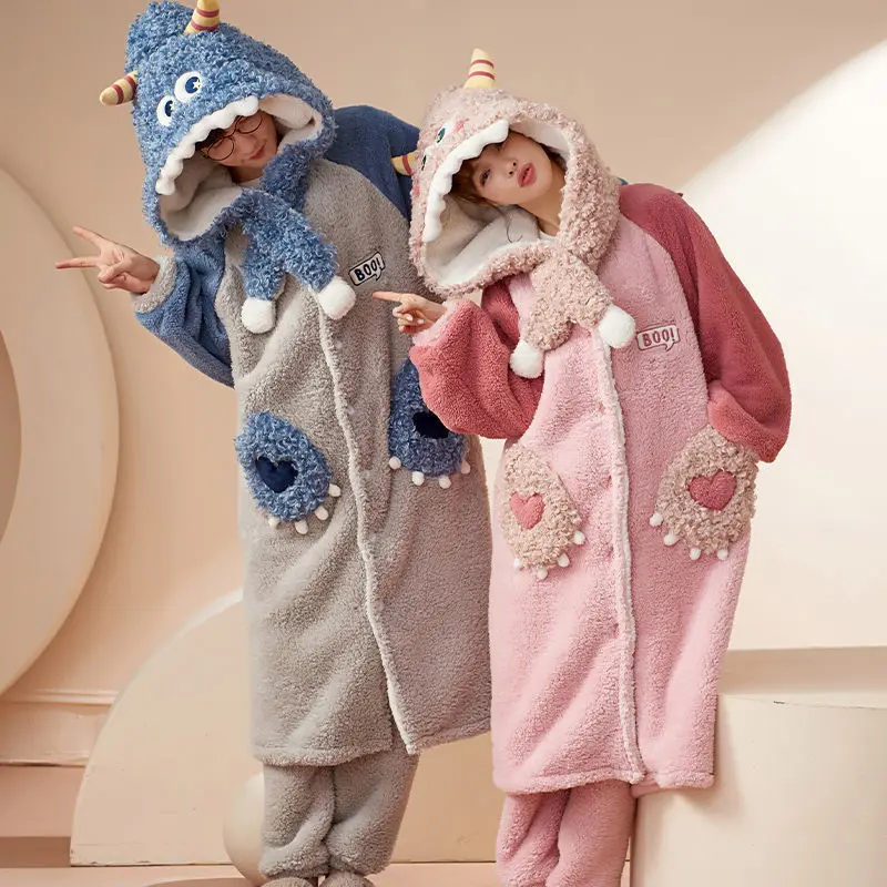 Plush Nightgowns Suit Women Men Long Sleeve Sleepwear Cartoon Animal Cosplay Pajamas Set Winter Flannel Sweet Hooded Sleepshirt