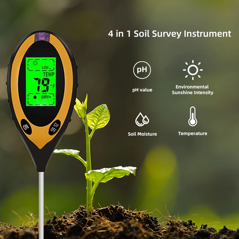 

Измеритель PH почвы O40 4 в 1, цифровой прибор для измерения PH, влажности, температуры и освещенности, с подсветкой, для садовых растений и сельского хозяйства
