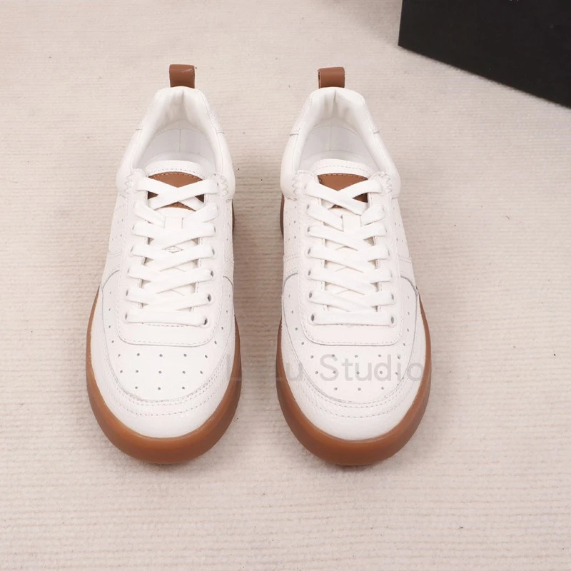 Elmsk New Genuine Leather Women's Casual Shoes Women Color-Blocking Fashion Leather Sneakers Shoes