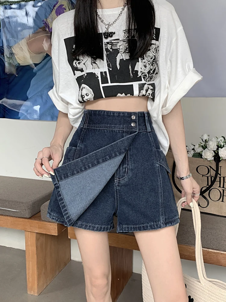 Streetwear Women High Waist Loose Retro Denim Shorts Skirts Spring Summer Women Asymmetrical Button Jeans Shorts
