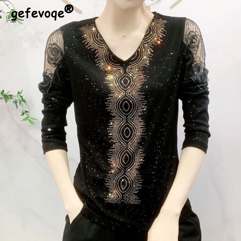 

Elegant Fashion 2022 Loose Blouse Shirt Large Size 4XL Casual Women's Clothing V Neck Diamonds Patchwork Feminine All-match Tops