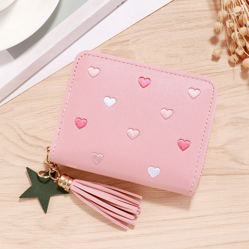 

Women Mini Tassel Wallet Cute Short Zipper Lovely PU Simulation Leather Coin Purse with Heart Shape Pattern Female Card Holder