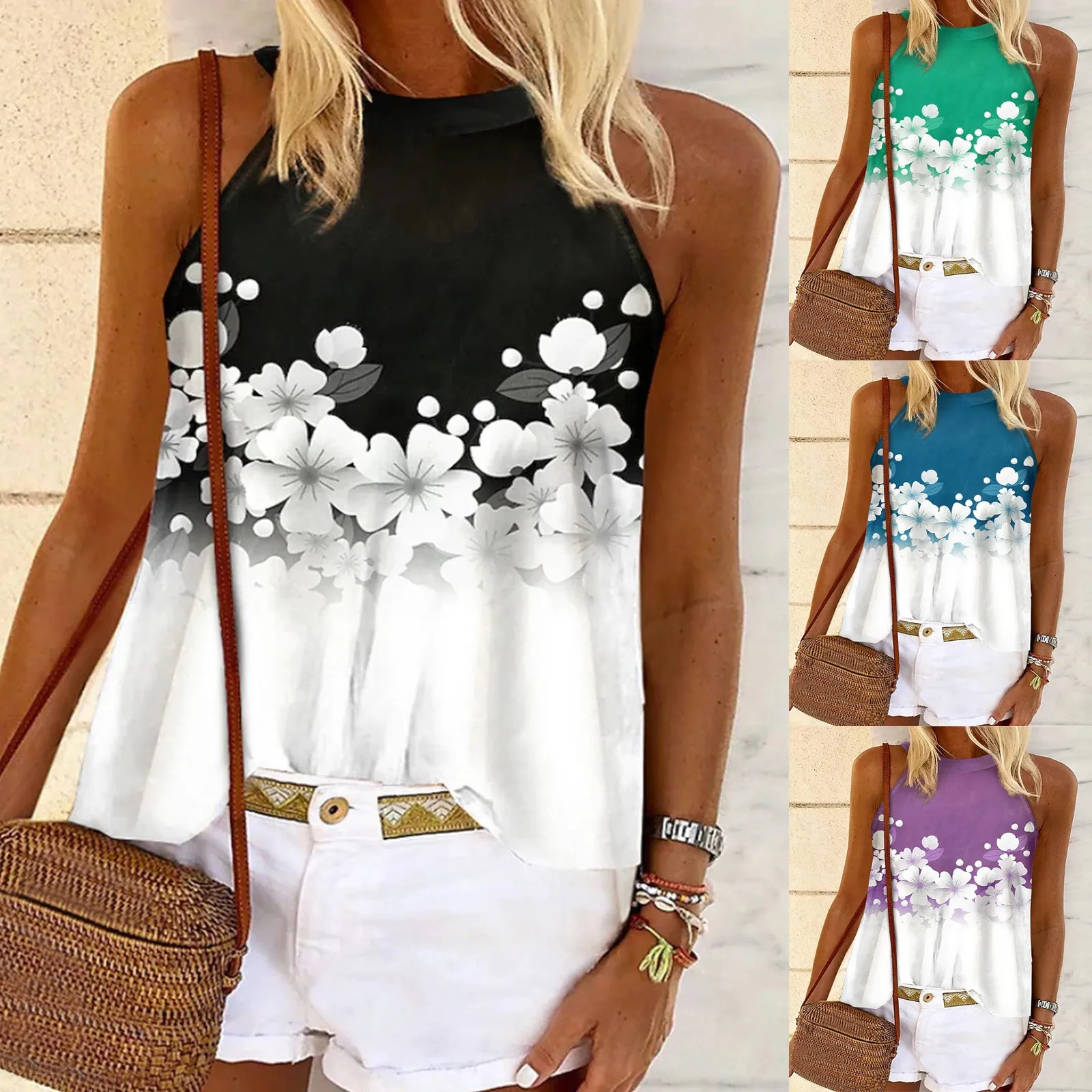 

Женская футболка без рукавов с круглым вырезом, жилет с бантом на спине, элегантный жилет с цветочным принтом, Женские рубашки из 100 полиэсте...