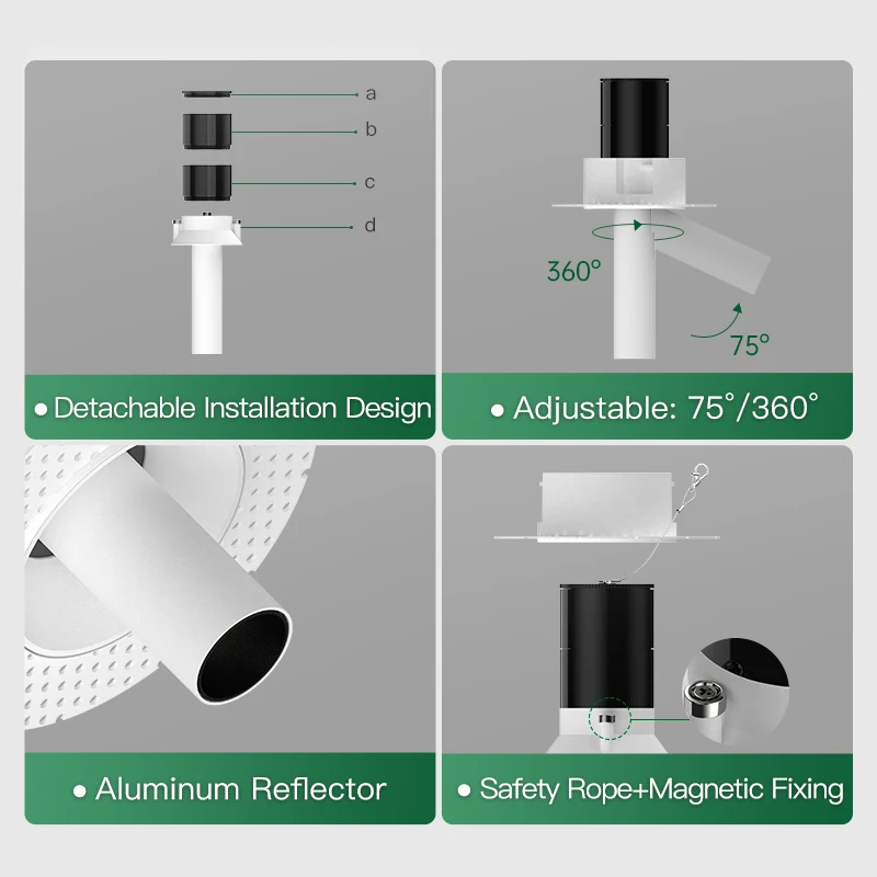 Фото XRZLux 8W Диммируемый COB LED потолочный светильник с регулируемым поворотом, антибликовый, безрамочный, для внутреннего использования, одобрен ETL №3
