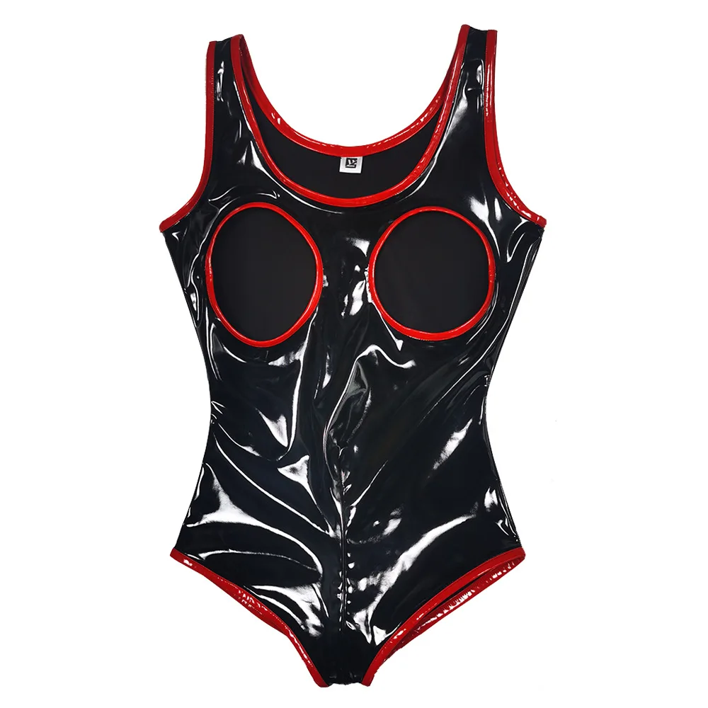 

Women's Sexy Slimming Bodysuit Expose Breast One Piece Bikini Hollow Out Chest Mirror Latex Ammonia Swimsuit Night Show Tank Top
