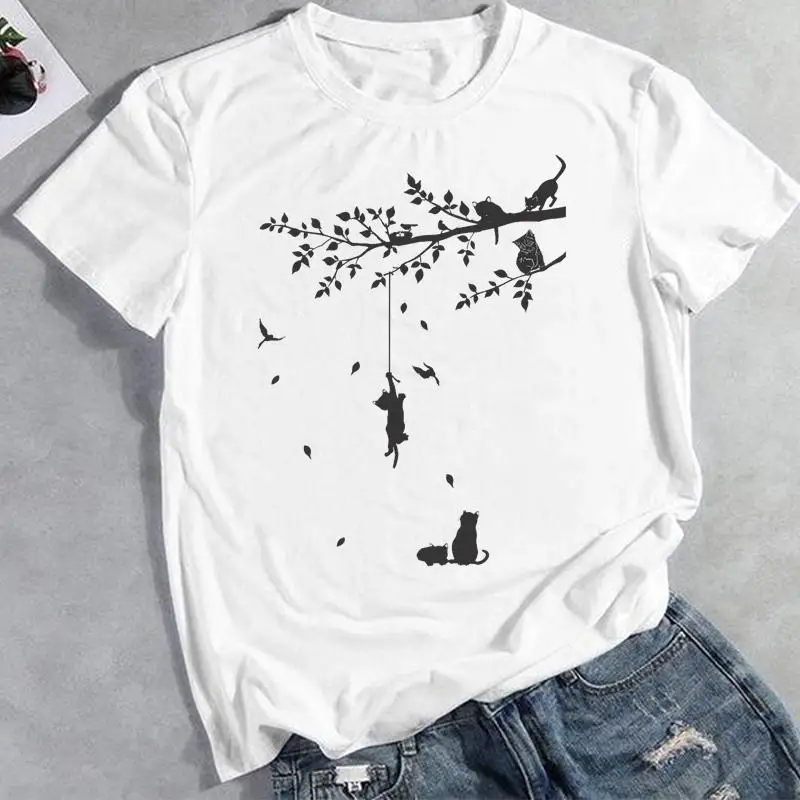 

Футболка женская летняя с коротким рукавом и принтом в виде кошки