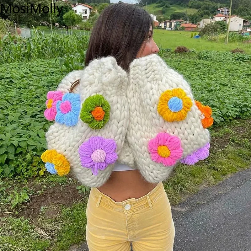 

MosiMolly Cardigan Women Sweater Handmade Flower Sweater Cardigan Women Jumper Knitting Coats Outerwear 2021