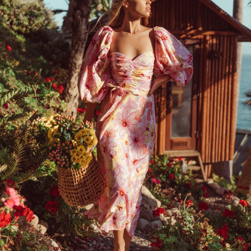 

Summer Dresses Woman 2022 Elegant Sweet Fashion Puff Sleeves Dresses Printed Dress Slim Fit Casual Dress Party Beach Maxi Dress