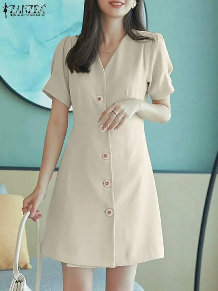 

ZANZEA Summer Stylish A Line Dress Solid Elegant Party Vestidos Casual Beach Sundress Woman Short Sleeve Knee Length Dresses