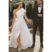 simple wedding dress 2022 a line one shoulder slit beach wedding gowns sweep train bow draped elegant modern vestidos de novia