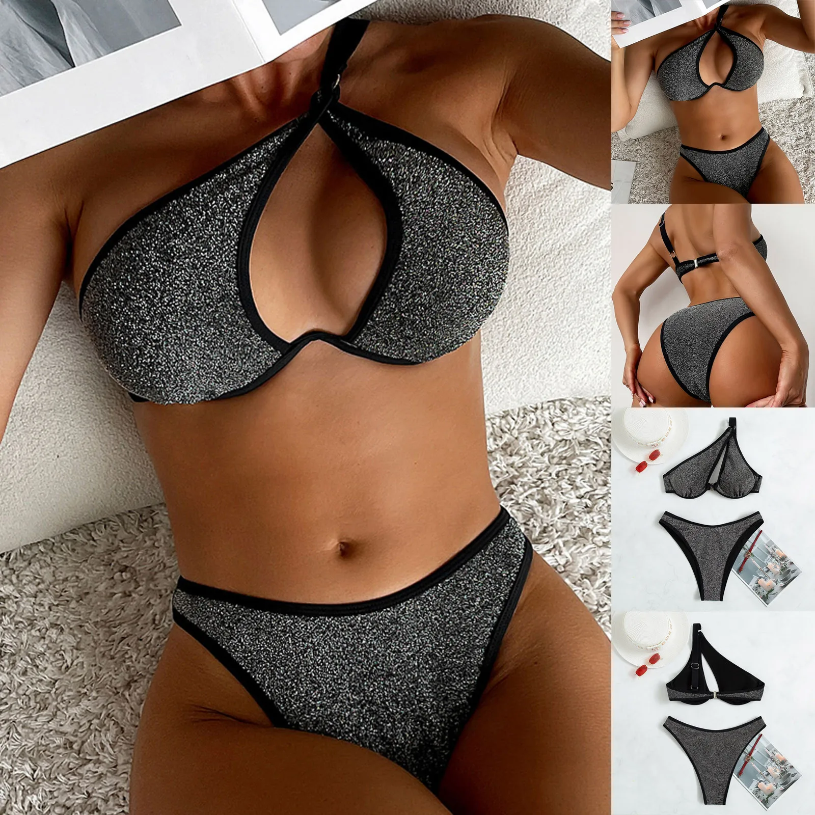 

Женское сексуальное бикини на бретельках с открытой спиной, пуш-ап, ажурный бюстгальтер, пляжная одежда с высокой талией, женская летняя ста...