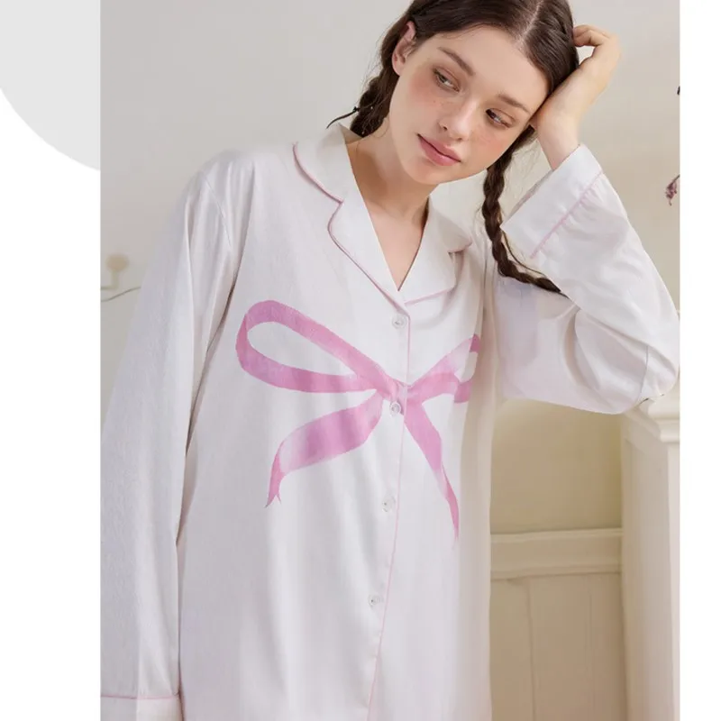 Рубашки с бантом и брюки-стрипа милый повседневный пижамный костюм новинка 2025