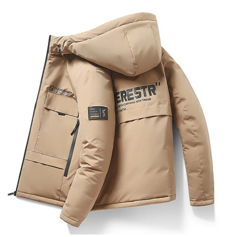 Men's Fashion Letter Print Hooded Winter Coat Couples Large Size Thickened Workwear Warm Padded Jacket Korean Style Coats Men