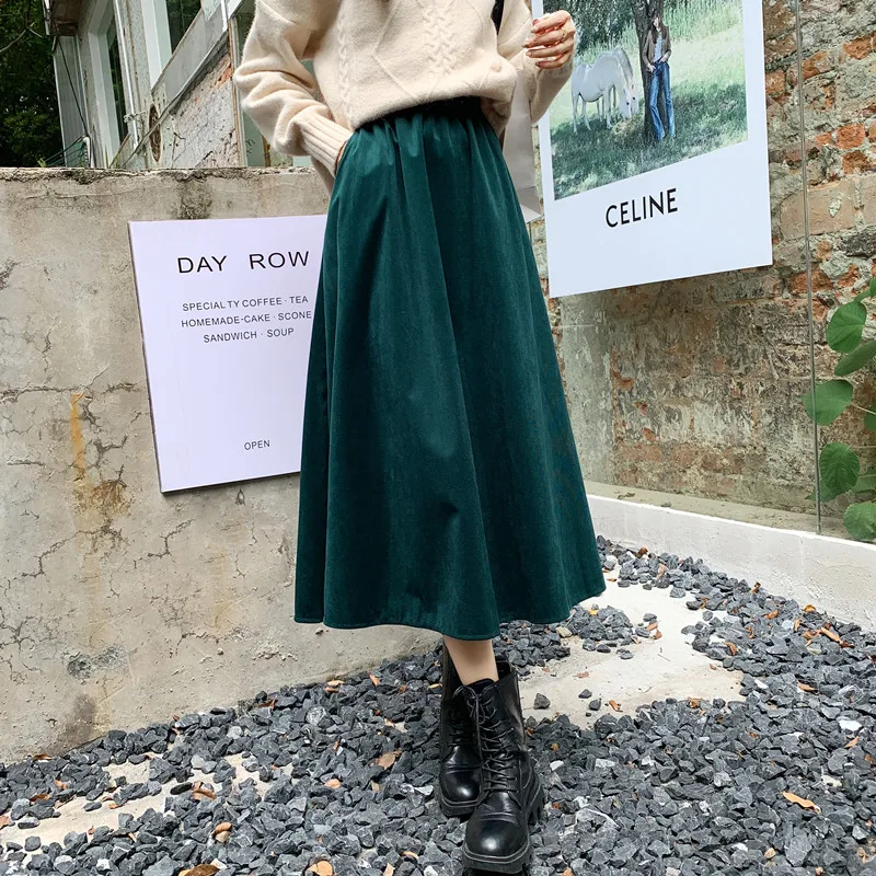 

2022 Women's Autumn Winter New Midi Long Corduroy Skirts Female High Waist A-line Skirts Ladies Solid Color Casual Skirts P940