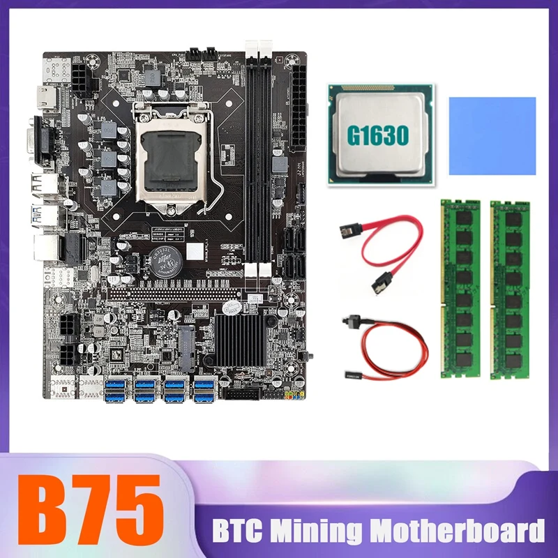 

B75 BTC Miner Motherboard 8XUSB+G1630 CPU+2XDDR3 4G 1600Mhz RAM+SATA Cable+Switch Cable+Thermal Pad B75 USB Motherboard