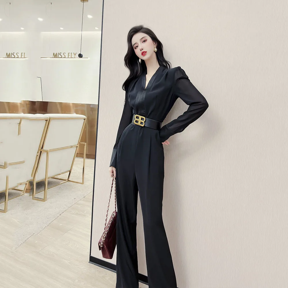 Осень 2023 женские модные комбинезоны с v-образным вырезом и высокой талией черные