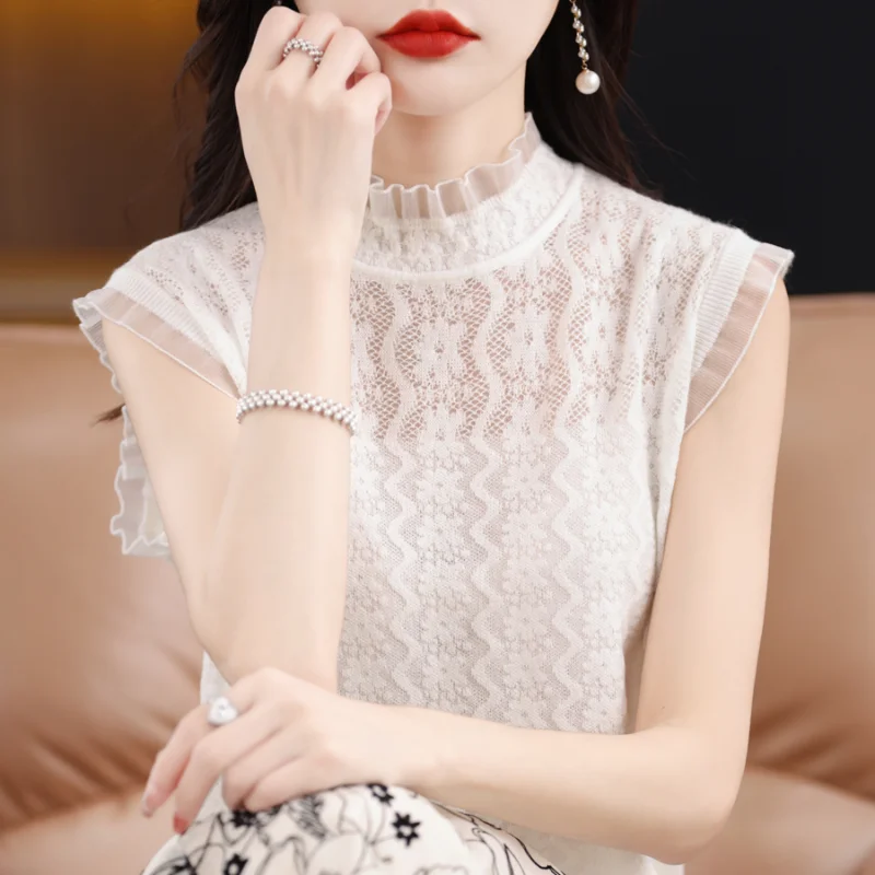 

New Stylish Elegant Tops Fashion Woman Blouse 2023 Knitted Sleeveless Vest White Lace Hollow Out Shirt Sweet O Neck Blusas 27643