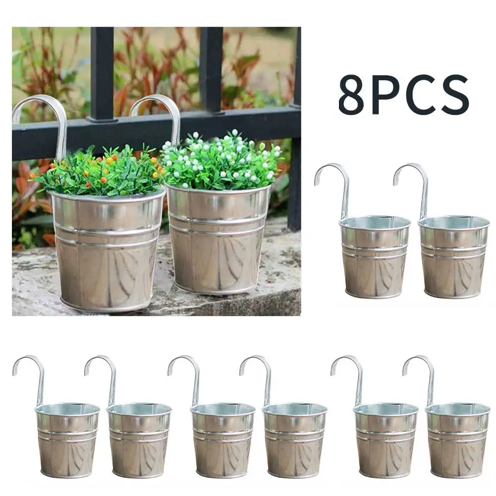 

8pcs For Railing Indoor Outdoor Hanging Flower Pot Garden Silver Home Decor Iron Bucket Planter Fence Universal Multipurpose