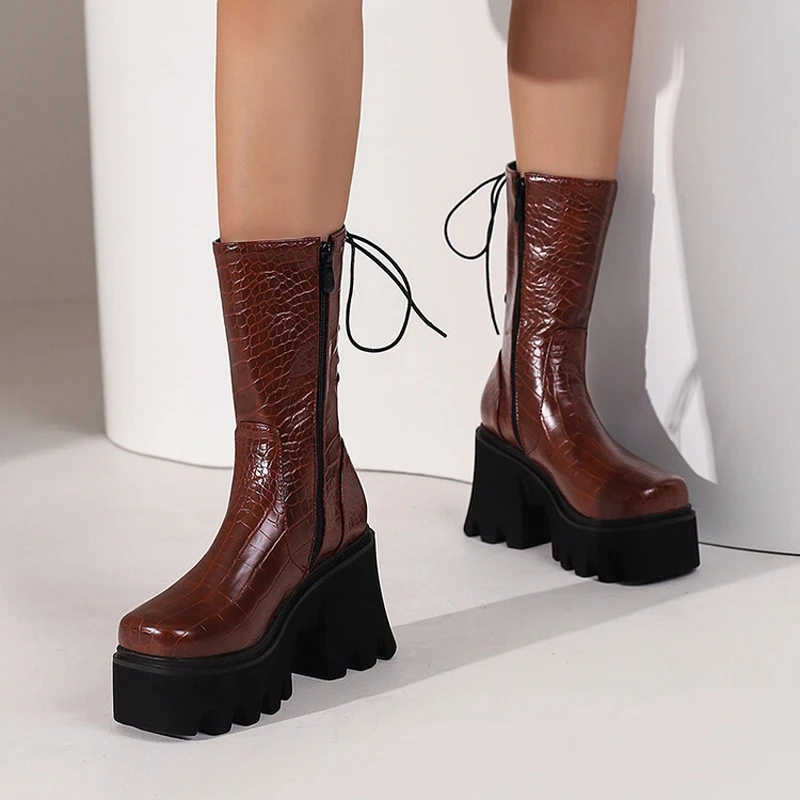 Back Lace up Women Half Knee High Boots Animal Prints Leather Thick Bottom Platform Shoes Square Heels Female Booty