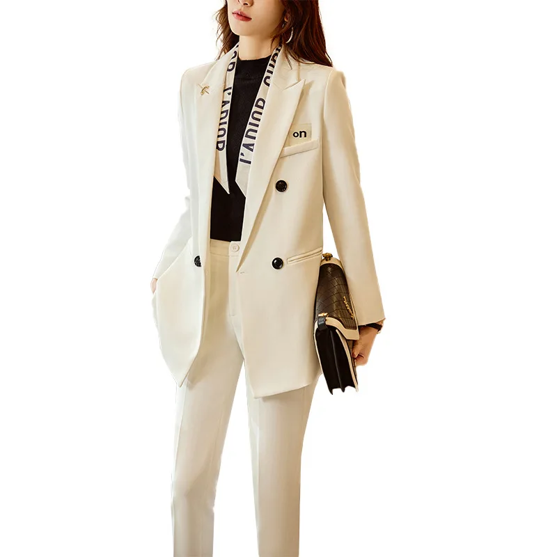 

White Suits Fashion Temperament Casual Women Autumn Long Sleeve Slim Blazer And Pants Office Ladies Formal High End Work Wear