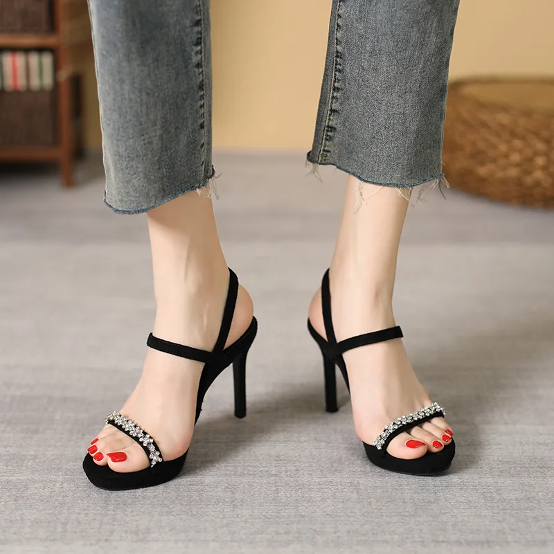 

Rhinestone Thin Heels Sandals Woman Summer 2022 Ladies Sandals Female Luxury Woman Sexy High Heels Shoes Wedges Free Shipping