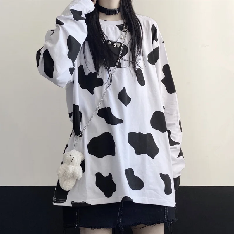 

Autumn and Spring Cow Print Women's Blouse Long-sleeved Women's T-shirt Fashion Oversized Loose Casual Cotton Women's T-shirt