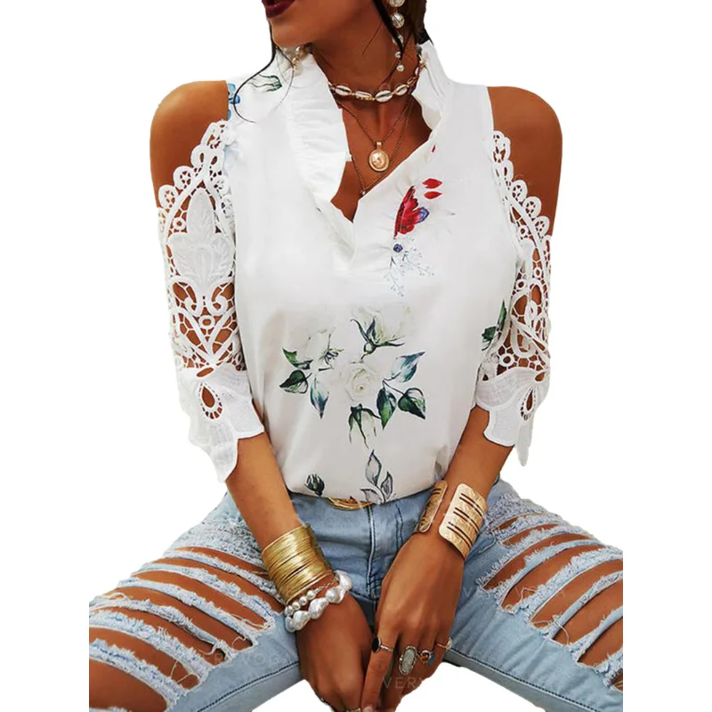 

COIGARSAM Women T Shirt Spring 2022 New Patchwork Print Floral Lace Long Sleeve White Pink Green Blue Tee Tops