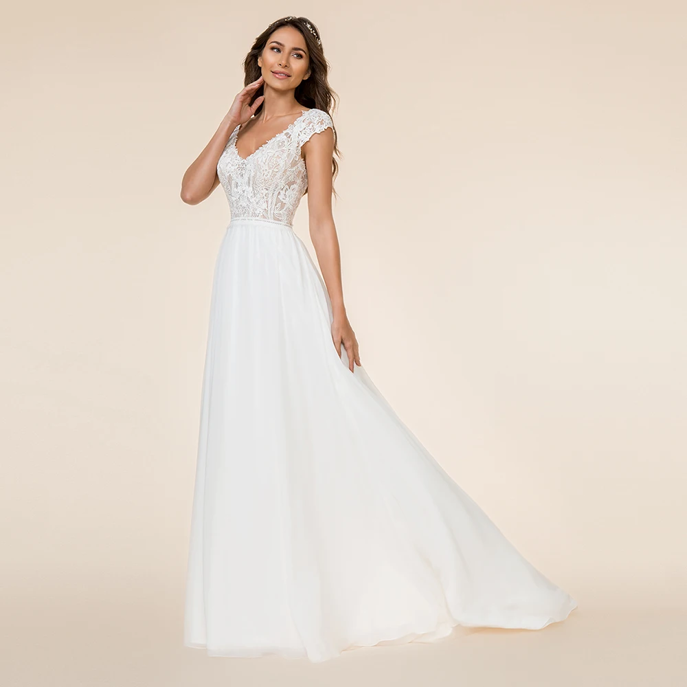 

Modest V Neck Wedding Dresses Beach Lace Unlined Bridal dress A-line Custom Made Cap Sleeves Bride Gowns abito da sposa
