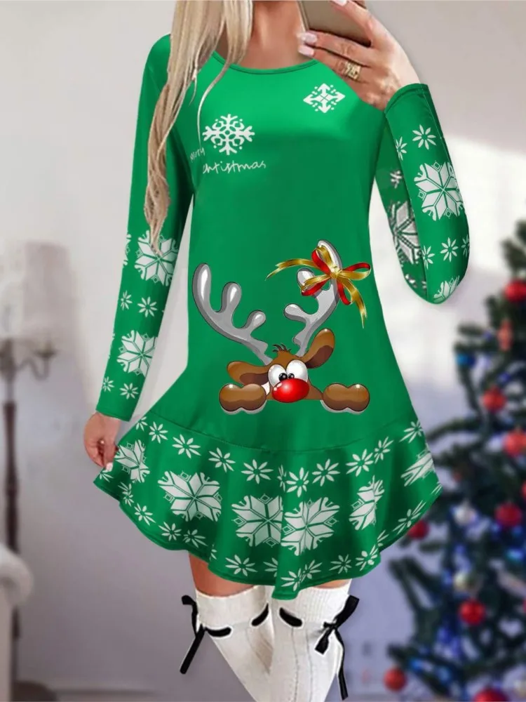 

Santa Print Christmas Party Dresses For Women 2023 Winter Long Sleeve O Neck T Shirt Dress Casual Christmas Holiday Vestidos
