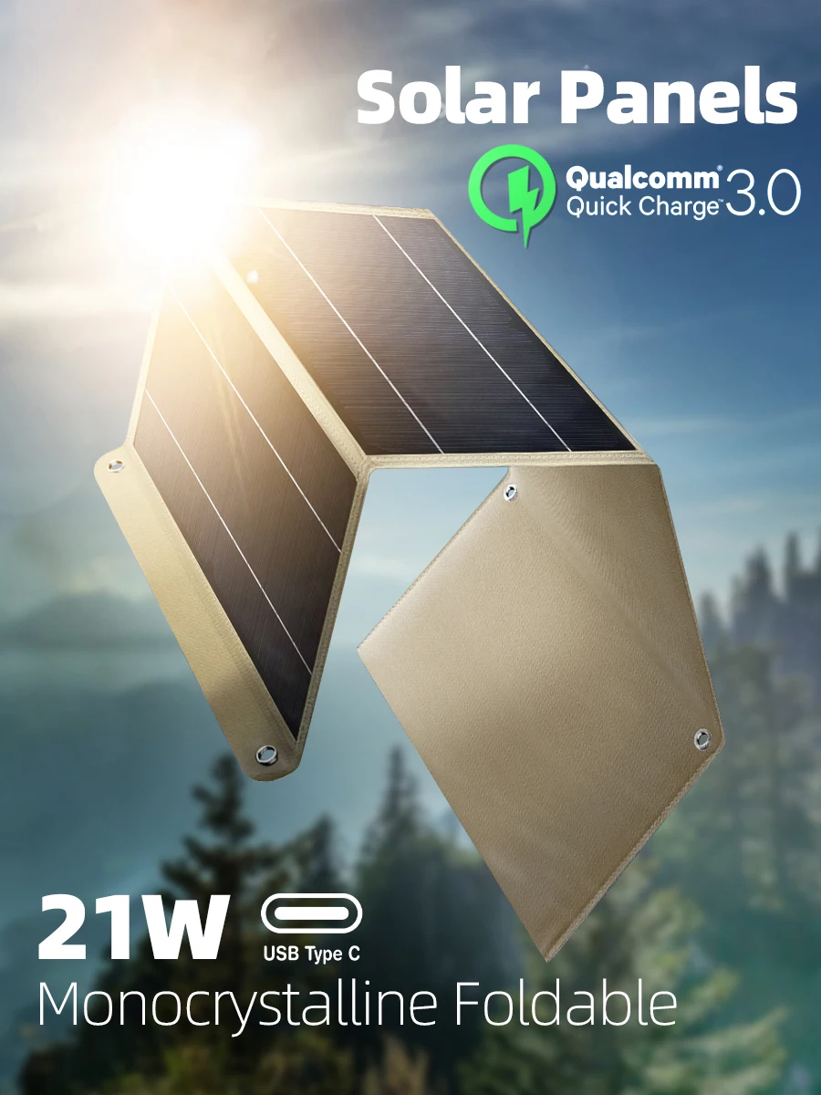 

21w PD Monocrystalline Portable Solar Panel USB C USB A QC 3.0 fast charger phone battery for Outdoor Backpacking Camping Hiking