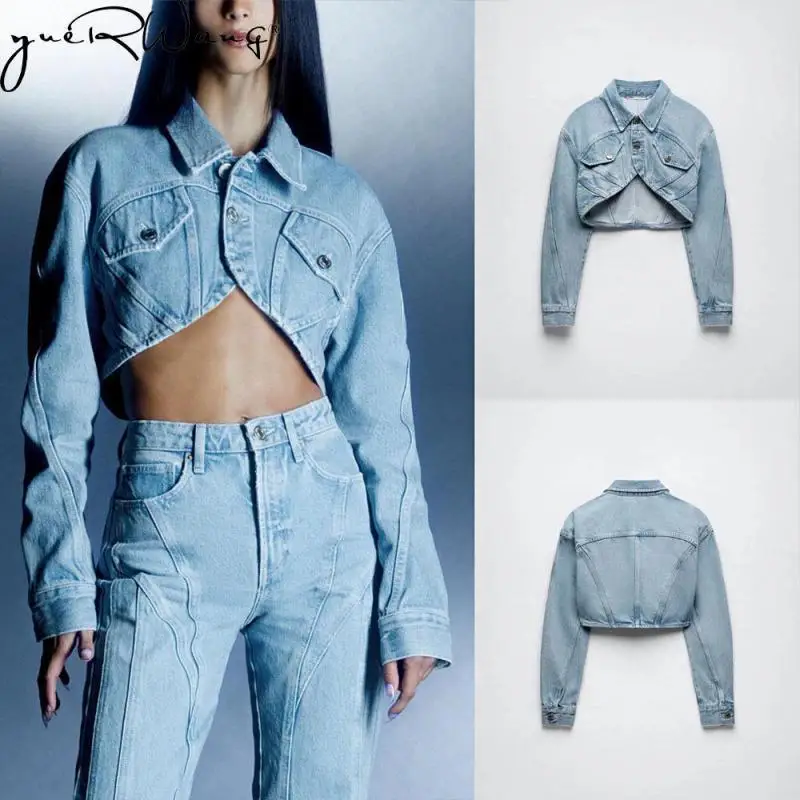 

YUERWANG Women Denim Coat High Waist Long Sleeve Short Blue Jean Jacket Irregular Female Denim Tops Spring Autumn 2022 Fashion