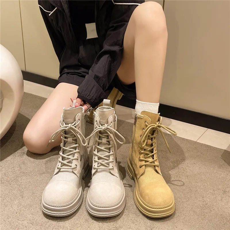 

Женские ботинки на шнуровке, с круглым носком, на каблуке 2022 см