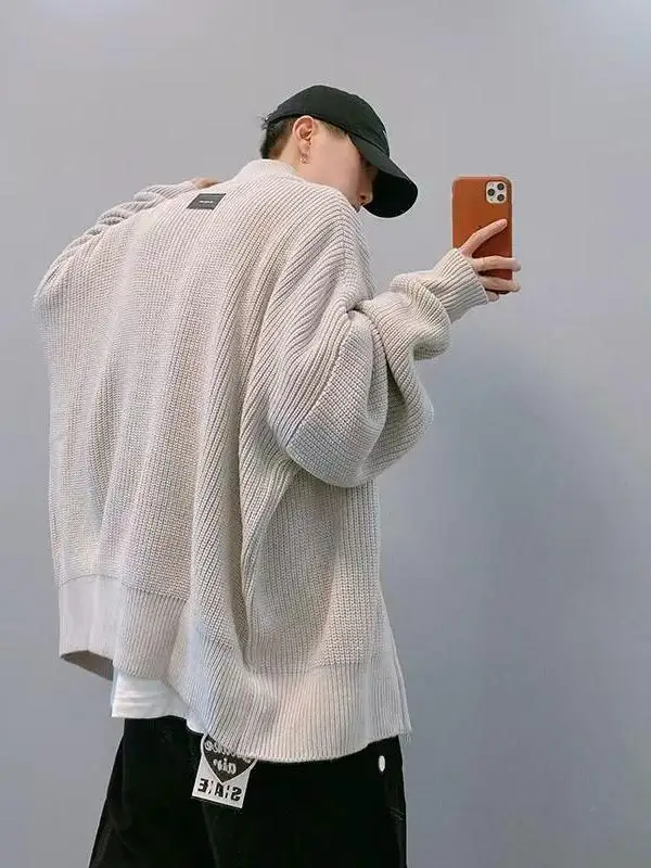 Gray Zip-up Cardigan sweater Outerwear Men's Autumn and Winter Trendy Loose Lazy Ruffle Handsome Stand Collar Sweater J...