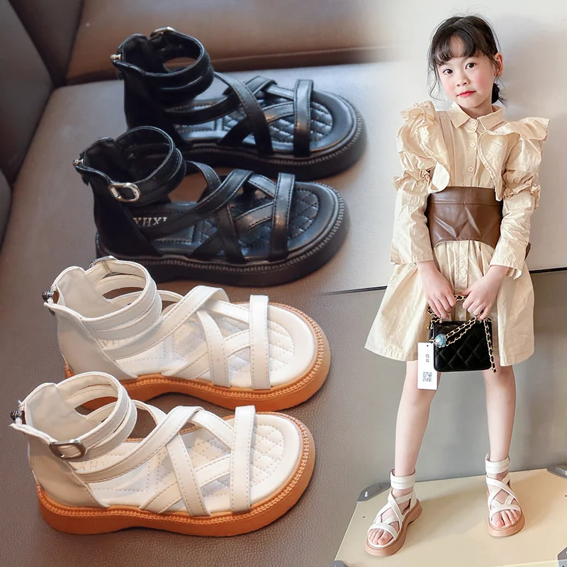 

Сандалии для девочек, Новинка лета 2023, обувь в римском стиле с высоким верхом для маленьких принцесс, шикарные простые однотонные Детские Модные босоножки из полиуретана на молнии в Корейском стиле