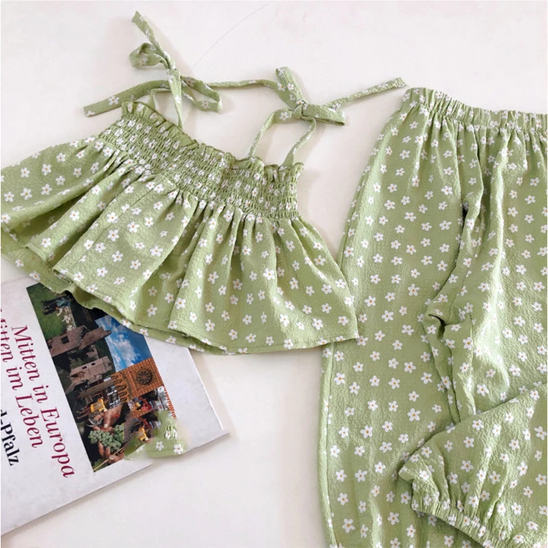 

Summer Girls Clothes Set Infant Baby Floral Suspenders+Loose Pants 2Pcs Suit Baby Fashion Sleeveless Tops Sets Children Clothing